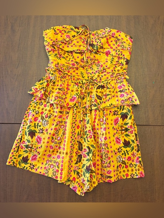 Olivaceous Pants - Olivaceous Yellow Floral Strapless Romper with Pink and Green Accents